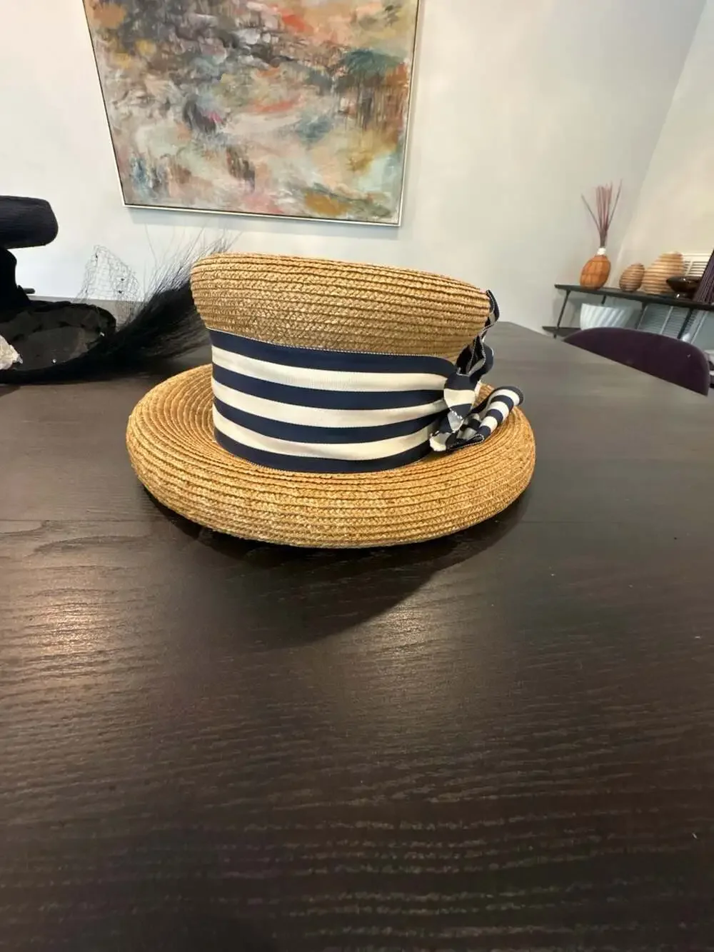 Vintage Marina Hillery Couture Straw Hat Princess Diana Milliner Navy/White Stri